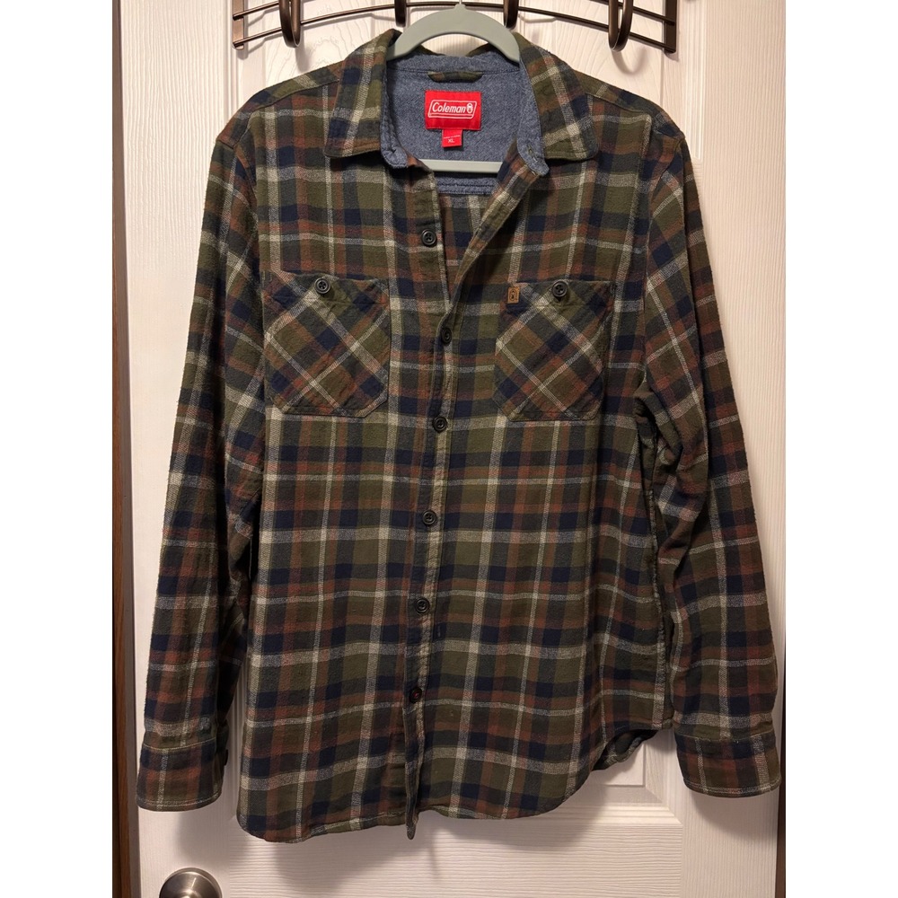 Coleman Mens XL Plaid Flannel Shirt Green Blue Brown Long Sleeve Cotton CF3B2000